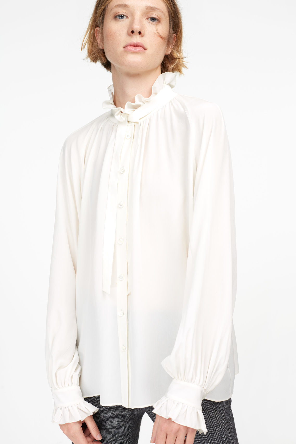 CLOSED | Crêpe de Chine Blouse with ruffled Stand-Up Collar | Women's ...